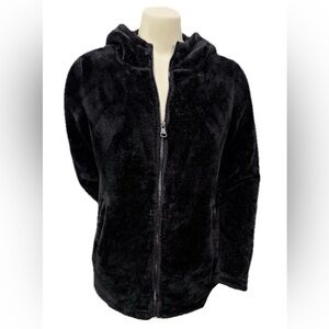 Madden Girl Black Faux Fur Zip Hoodie Jacket Size Small Soft Plush Coat